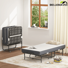 Bellemave® 75" x 31" Folding Bed with 5" Memory Foam Mattress, Storage Cover, Heavy - Duty Metal Foldable Bed Frame Supports 450lbs, Portable Rollaway Bed on Wheels, Ideal for Bedroom, Guest Room, Office - Bellemave