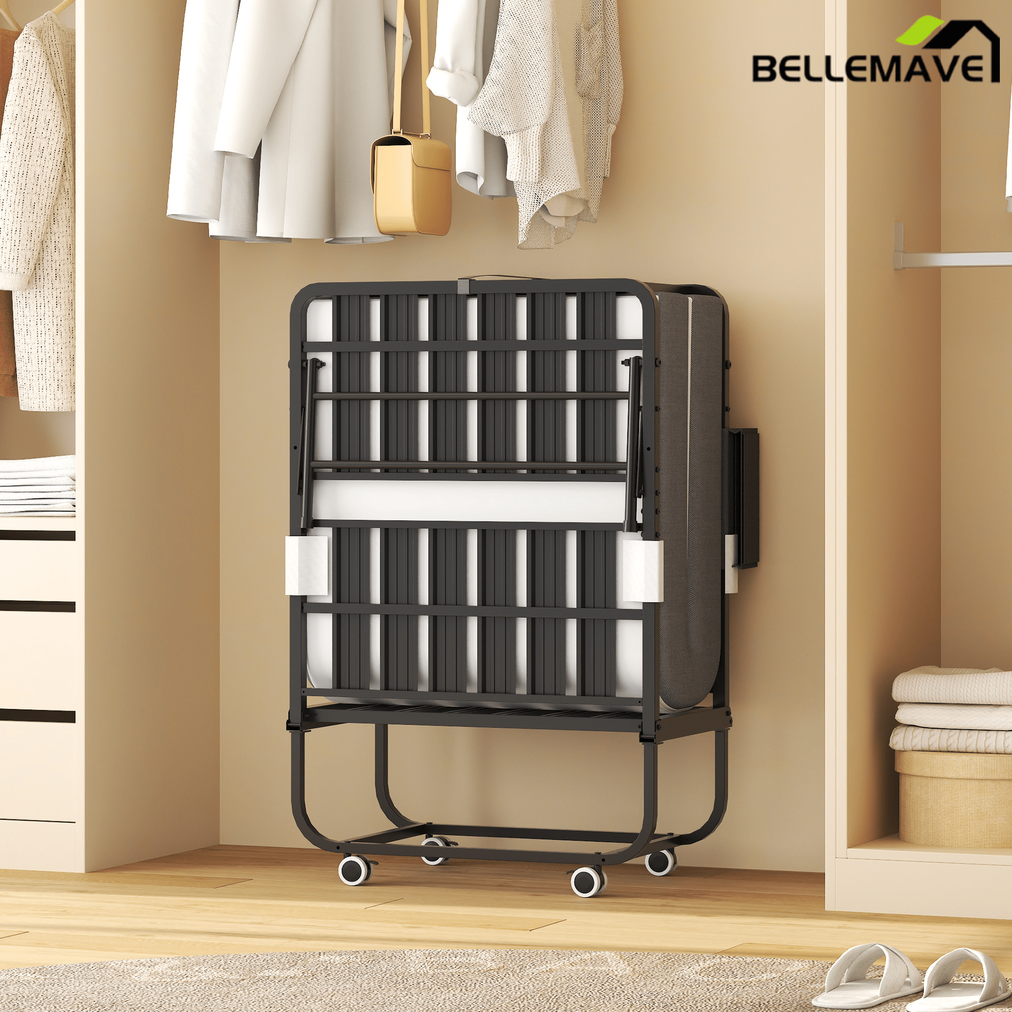 Bellemave® 75" x 31" Folding Bed with 5" Memory Foam Mattress, Storage Cover, Heavy - Duty Metal Foldable Bed Frame Supports 450lbs, Portable Rollaway Bed on Wheels, Ideal for Bedroom, Guest Room, Office - Bellemave