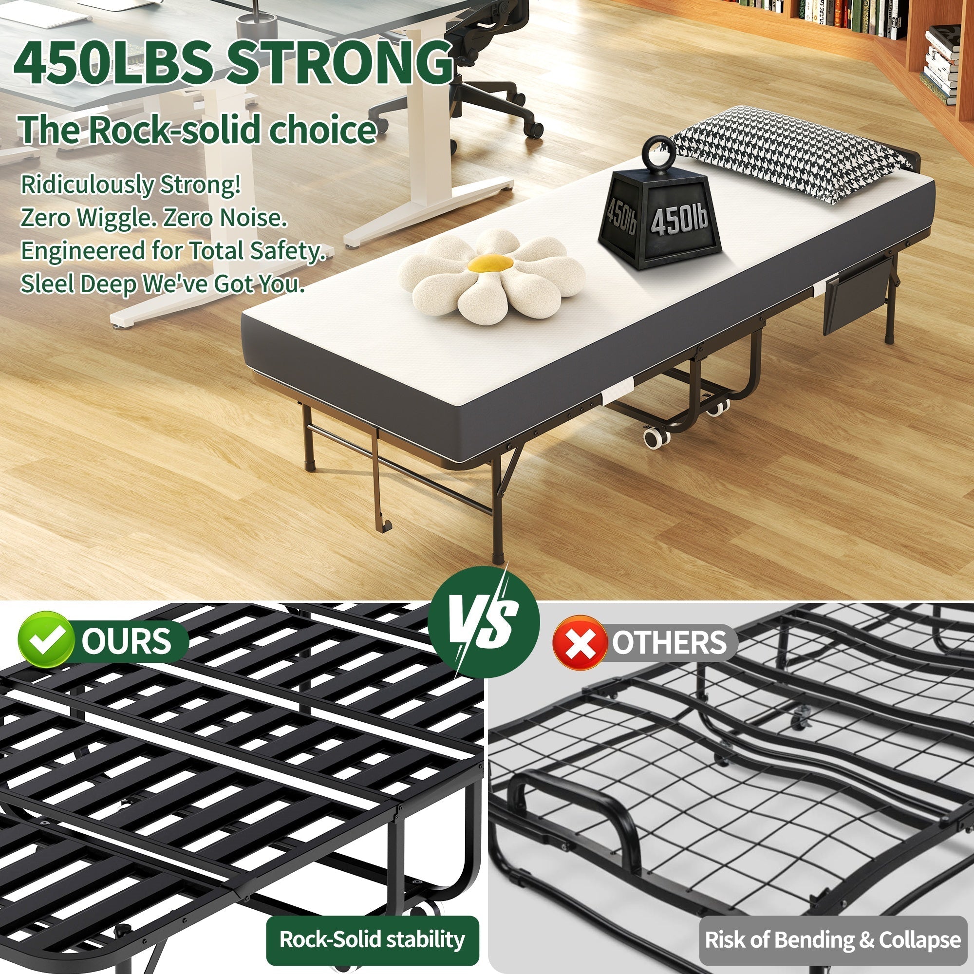 Bellemave® 75" x 31" Folding Bed with 5" Memory Foam Mattress, Storage Cover, Heavy - Duty Metal Foldable Bed Frame Supports 450lbs, Portable Rollaway Bed on Wheels, Ideal for Bedroom, Guest Room, Office - Bellemave