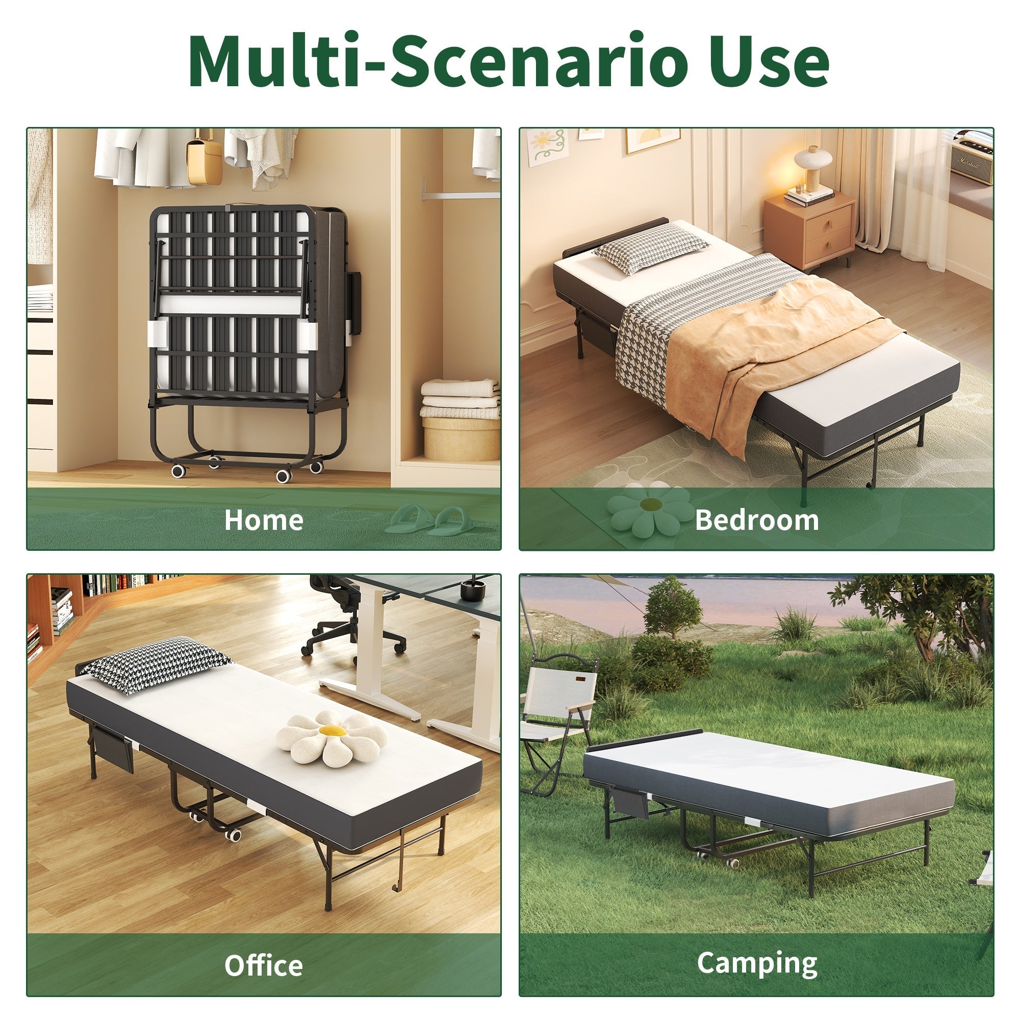 Bellemave® 75" x 31" Folding Bed with 5" Memory Foam Mattress, Storage Cover, Heavy - Duty Metal Foldable Bed Frame Supports 450lbs, Portable Rollaway Bed on Wheels, Ideal for Bedroom, Guest Room, Office - Bellemave