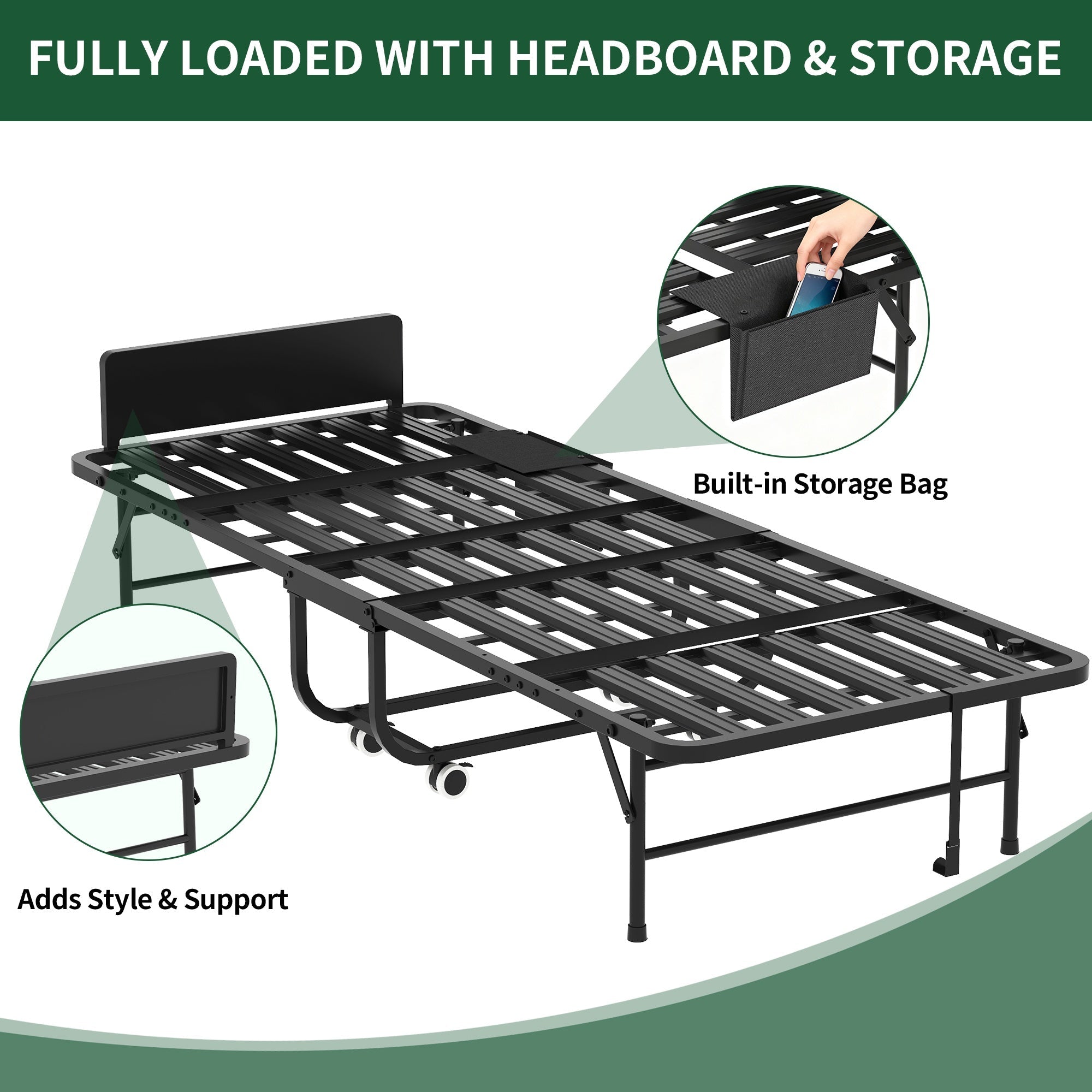 Bellemave® 75" x 31" Folding Bed with 5" Memory Foam Mattress, Storage Cover, Heavy - Duty Metal Foldable Bed Frame Supports 450lbs, Portable Rollaway Bed on Wheels, Ideal for Bedroom, Guest Room, Office - Bellemave