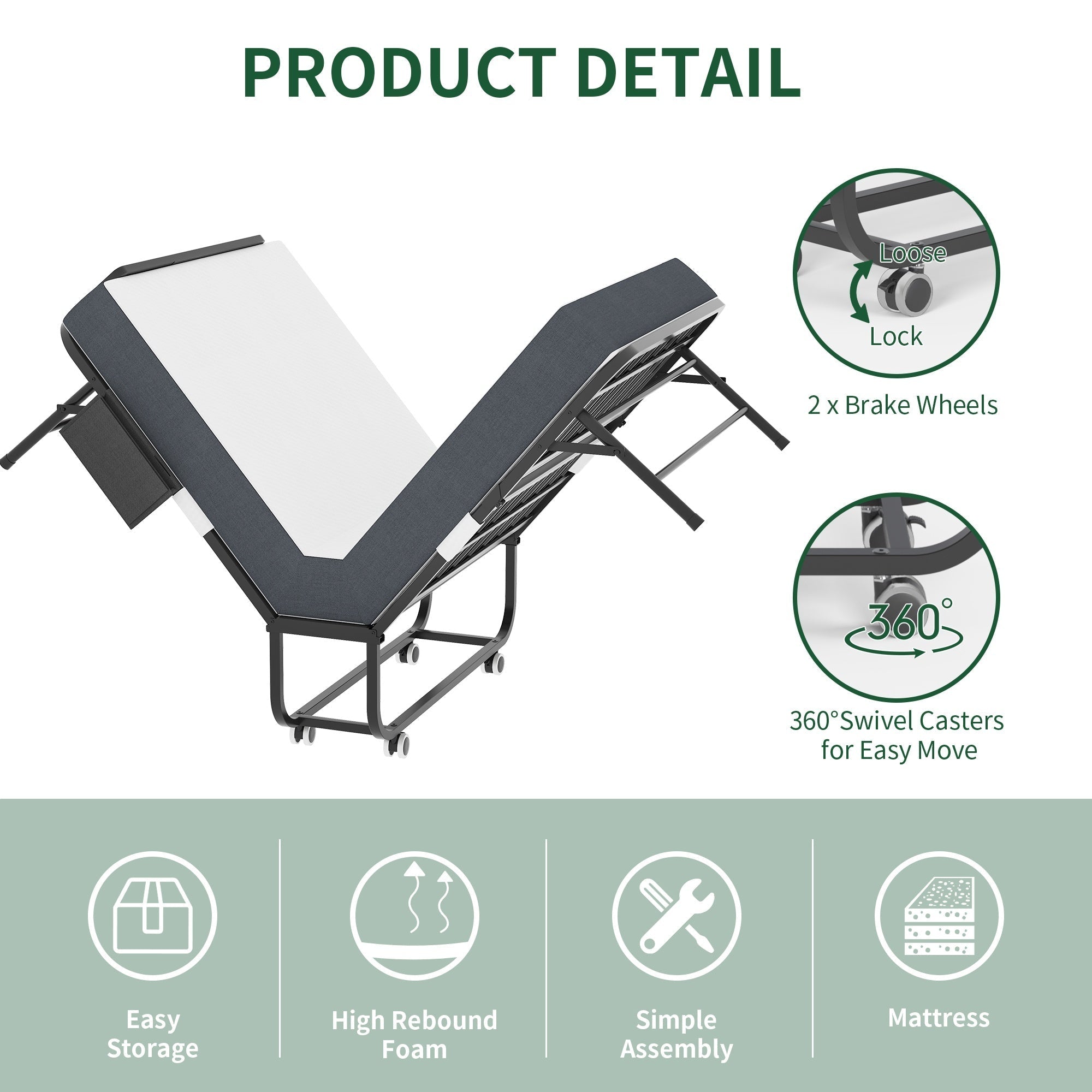 Bellemave® 75" x 31" Folding Bed with 5" Memory Foam Mattress, Storage Cover, Heavy - Duty Metal Foldable Bed Frame Supports 450lbs, Portable Rollaway Bed on Wheels, Ideal for Bedroom, Guest Room, Office - Bellemave