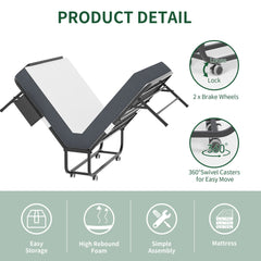 Bellemave® 75" x 31" Folding Bed with 5" Memory Foam Mattress, Storage Cover, Heavy - Duty Metal Foldable Bed Frame Supports 450lbs, Portable Rollaway Bed on Wheels, Ideal for Bedroom, Guest Room, Office - Bellemave