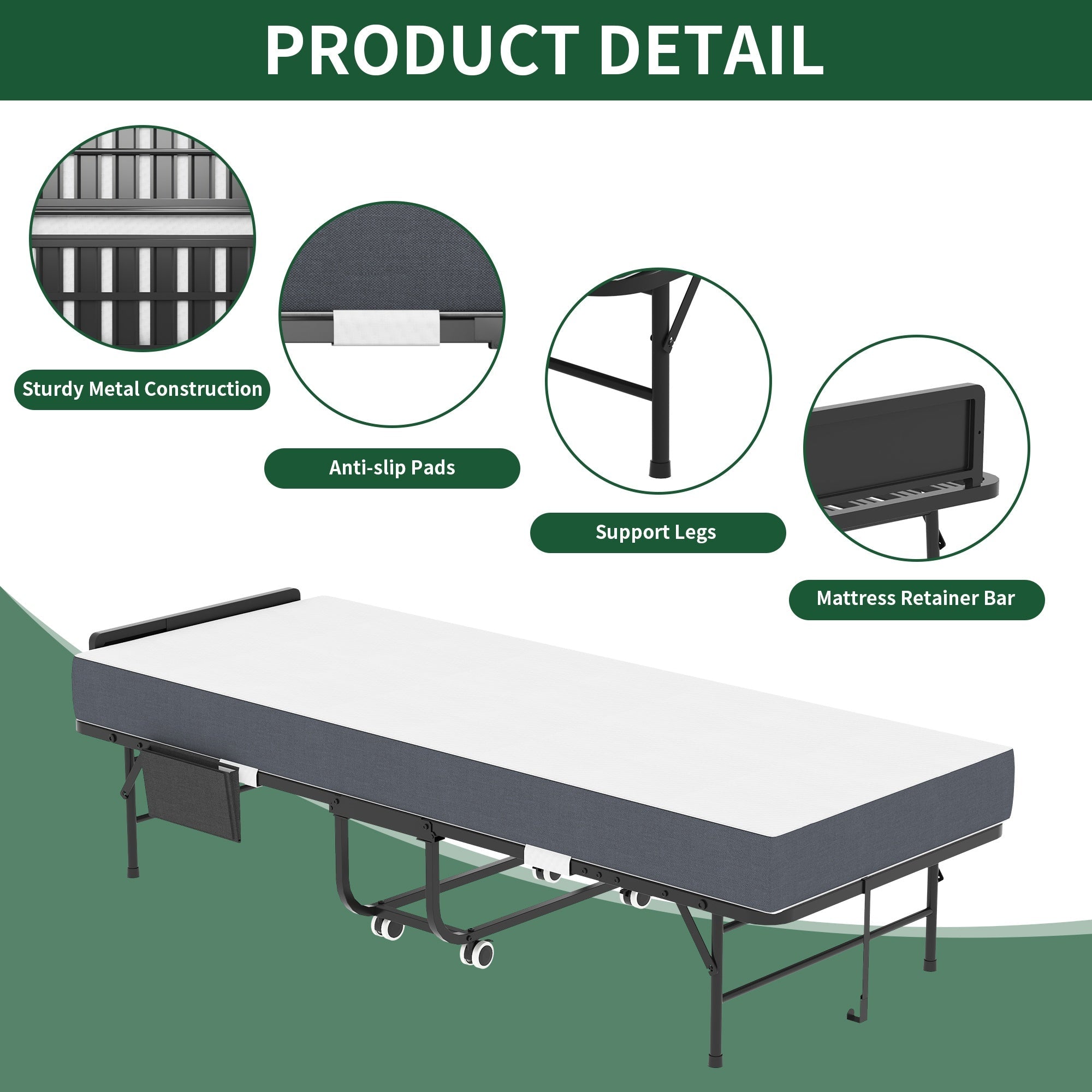 Bellemave® 75" x 31" Folding Bed with 5" Memory Foam Mattress, Storage Cover, Heavy - Duty Metal Foldable Bed Frame Supports 450lbs, Portable Rollaway Bed on Wheels, Ideal for Bedroom, Guest Room, Office - Bellemave