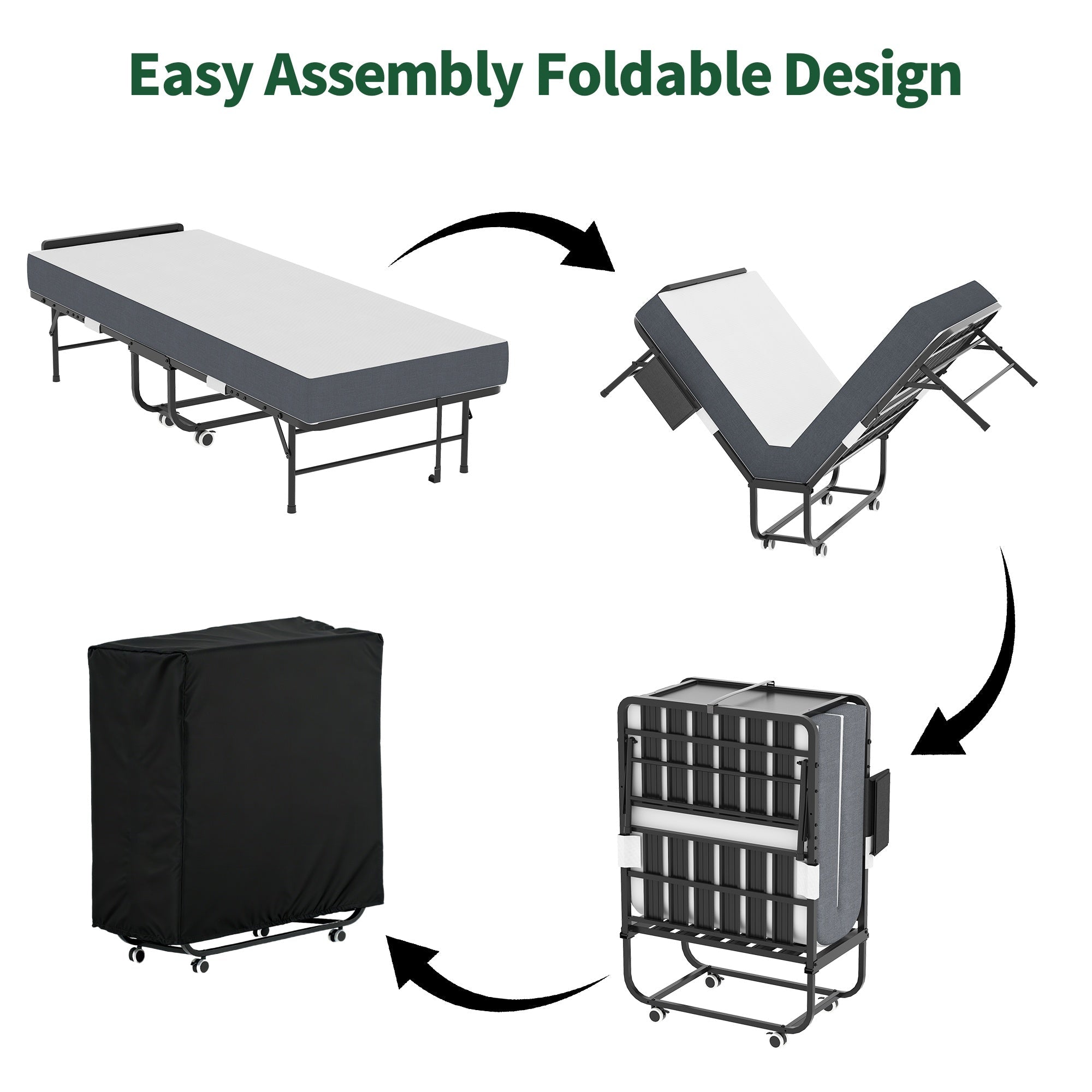 Bellemave® 75" x 31" Folding Bed with 5" Memory Foam Mattress, Storage Cover, Heavy - Duty Metal Foldable Bed Frame Supports 450lbs, Portable Rollaway Bed on Wheels, Ideal for Bedroom, Guest Room, Office - Bellemave