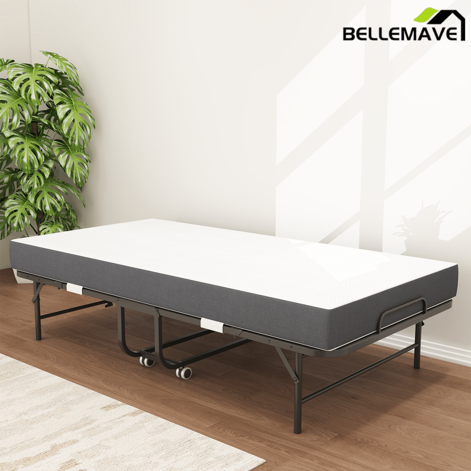 Bellemave® 75" x 31" Folding Bed with 5" Memory Foam Mattress, Storage Cover, Heavy - Duty Metal Foldable Bed Frame Supports 450lbs, Portable Rollaway Bed on Wheels, Ideal for Bedroom, Guest Room, Office - Bellemave