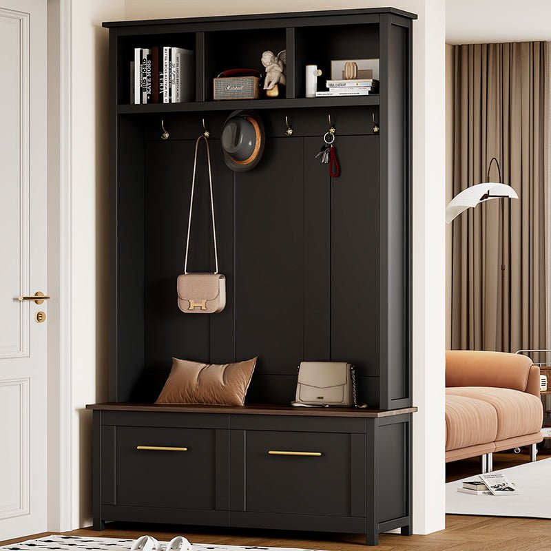 Bellemave® 76.6" Versatile 4 - in - 1 Hall Tree with 6 Golden Hooks, Brown Wood Grain Bench with Multiple Storage Space - Bellemave