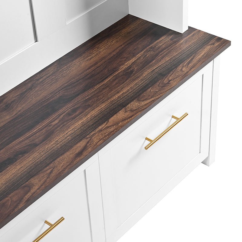Bellemave® 76.6" Versatile 4 - in - 1 Hall Tree with 6 Golden Hooks, Brown Wood Grain Bench with Multiple Storage Space - Bellemave