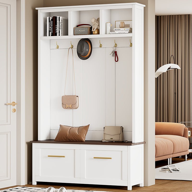 Bellemave® 76.6" Versatile 4 - in - 1 Hall Tree with 6 Golden Hooks, Brown Wood Grain Bench with Multiple Storage Space - Bellemave