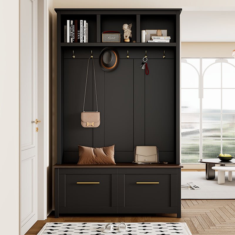 Bellemave® 76.6" Versatile 4 - in - 1 Hall Tree with 6 Golden Hooks, Brown Wood Grain Bench with Multiple Storage Space - Bellemave