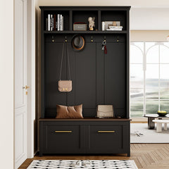 Bellemave® 76.6" Versatile 4 - in - 1 Hall Tree with 6 Golden Hooks, Brown Wood Grain Bench with Multiple Storage Space - Bellemave