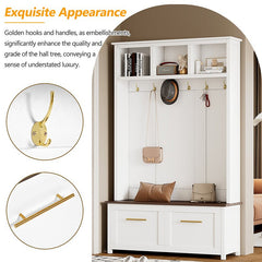 Bellemave® 76.6" Versatile 4 - in - 1 Hall Tree with 6 Golden Hooks, Brown Wood Grain Bench with Multiple Storage Space - Bellemave