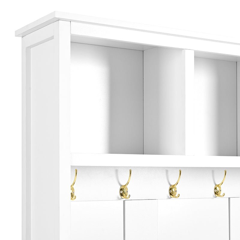 Bellemave® 76.6" Versatile 4 - in - 1 Hall Tree with 6 Golden Hooks, Brown Wood Grain Bench with Multiple Storage Space - Bellemave