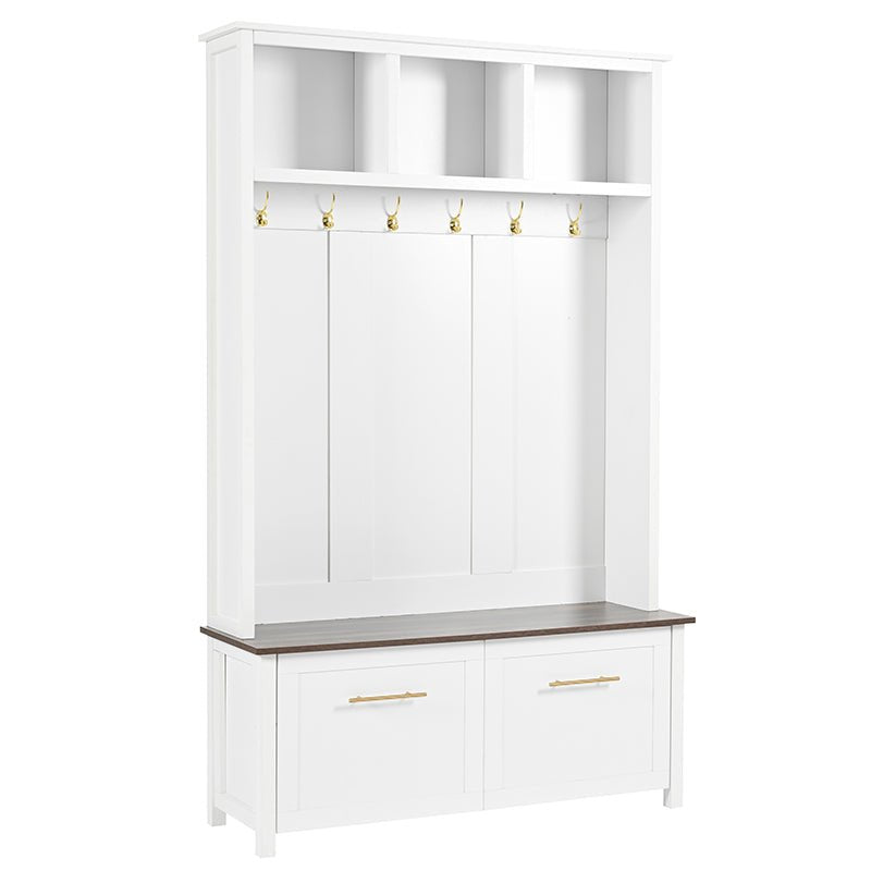 Bellemave® 76.6" Versatile 4 - in - 1 Hall Tree with 6 Golden Hooks, Brown Wood Grain Bench with Multiple Storage Space - Bellemave