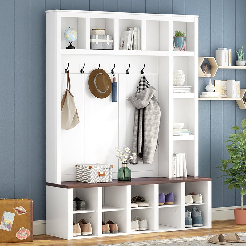 Bellemave® 76.7" Farmhouse Wooden Style Hall Tree with 6 Hooks, Practical Walnut Storage Bench with Adjustable Shelves and 13 Cubbies - Bellemave