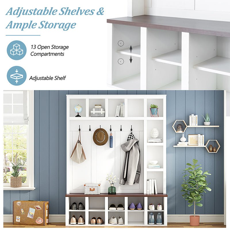 Bellemave® 76.7" Farmhouse Wooden Style Hall Tree with 6 Hooks, Practical Walnut Storage Bench with Adjustable Shelves and 13 Cubbies - Bellemave