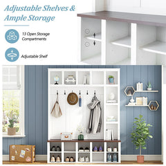 Bellemave® 76.7" Farmhouse Wooden Style Hall Tree with 6 Hooks, Practical Walnut Storage Bench with Adjustable Shelves and 13 Cubbies - Bellemave