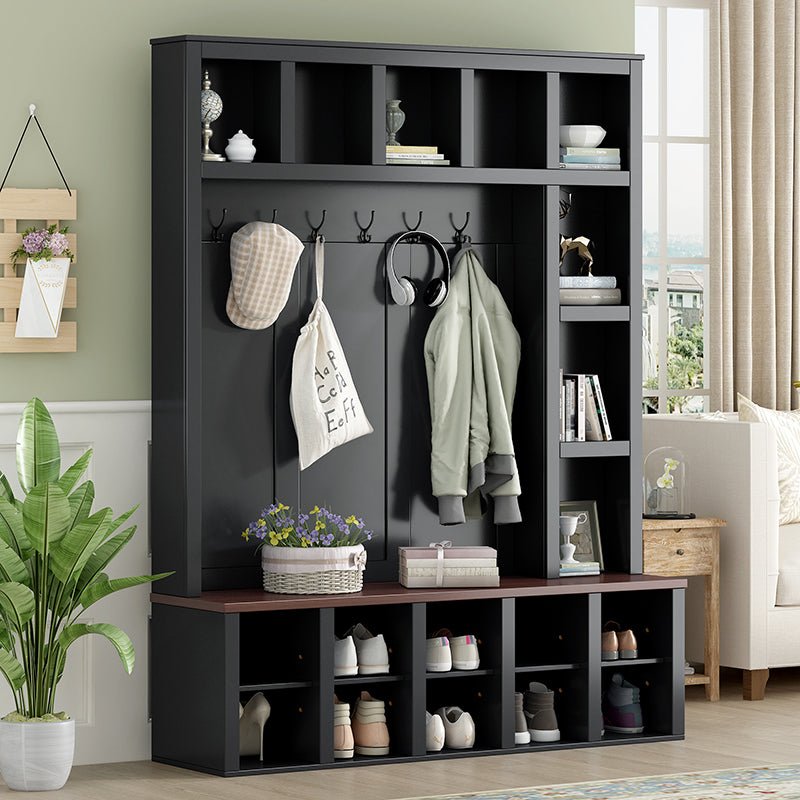 Bellemave® 76.7" Farmhouse Wooden Style Hall Tree with 6 Hooks, Practical Walnut Storage Bench with Adjustable Shelves and 13 Cubbies - Bellemave