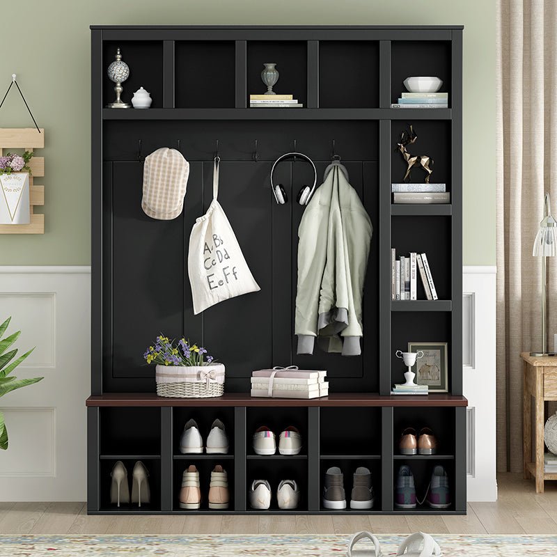 Bellemave® 76.7" Farmhouse Wooden Style Hall Tree with 6 Hooks, Practical Walnut Storage Bench with Adjustable Shelves and 13 Cubbies - Bellemave