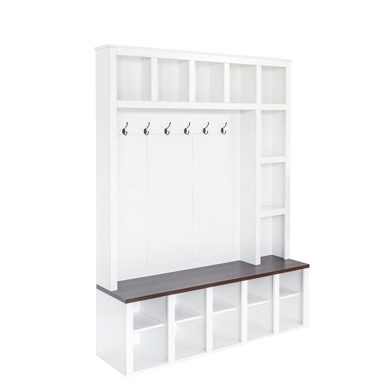 Bellemave® 76.7" Farmhouse Wooden Style Hall Tree with 6 Hooks, Practical Walnut Storage Bench with Adjustable Shelves and 13 Cubbies - Bellemave