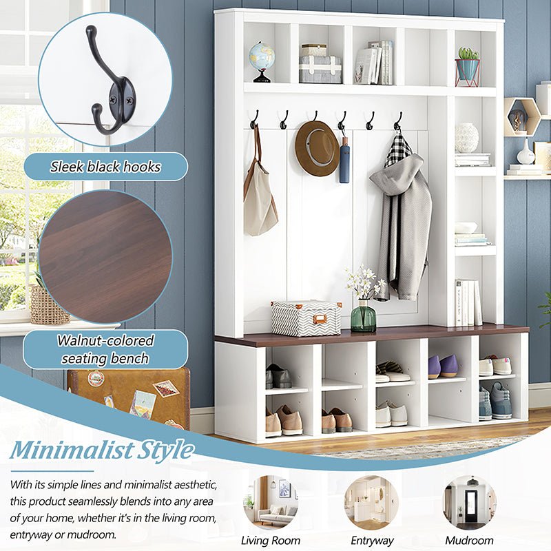 Bellemave® 76.7" Farmhouse Wooden Style Hall Tree with 6 Hooks, Practical Walnut Storage Bench with Adjustable Shelves and 13 Cubbies - Bellemave