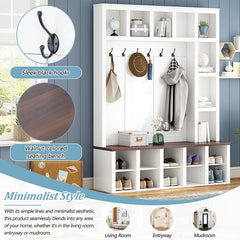 Bellemave® 76.7" Farmhouse Wooden Style Hall Tree with 6 Hooks, Practical Walnut Storage Bench with Adjustable Shelves and 13 Cubbies - Bellemave