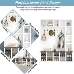 Bellemave® 76.7" Farmhouse Wooden Style Hall Tree with 6 Hooks, Practical Walnut Storage Bench with Adjustable Shelves and 13 Cubbies - Bellemave