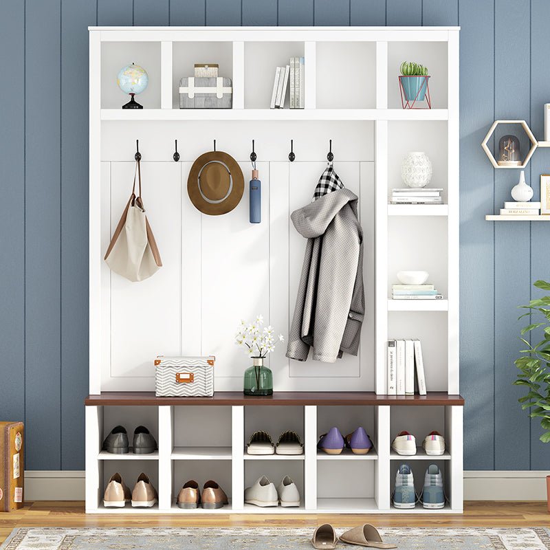 Bellemave® 76.7" Farmhouse Wooden Style Hall Tree with 6 Hooks, Practical Walnut Storage Bench with Adjustable Shelves and 13 Cubbies - Bellemave