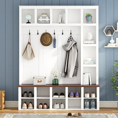 Bellemave® 76.7" Farmhouse Wooden Style Hall Tree with 6 Hooks, Practical Walnut Storage Bench with Adjustable Shelves and 13 Cubbies - Bellemave
