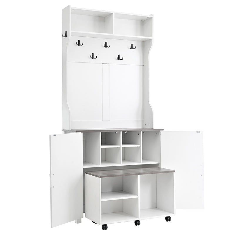 Bellemave® 76.9" Farmhouse 4 - in - 1 Hall Tree with Barn Doors and Shoe Storage Cabinet, 7 Hanging Hooks and 6 Brake Wheels - Bellemave
