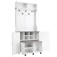 Bellemave® 76.9" Farmhouse 4 - in - 1 Hall Tree with Barn Doors and Shoe Storage Cabinet, 7 Hanging Hooks and 6 Brake Wheels - Bellemave