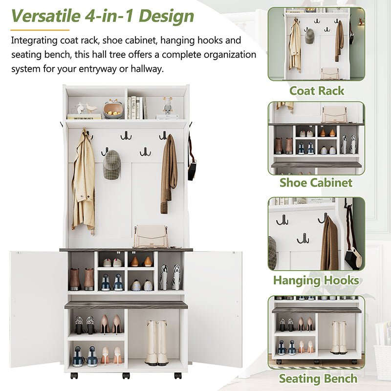Bellemave® 76.9" Farmhouse 4 - in - 1 Hall Tree with Barn Doors and Shoe Storage Cabinet, 7 Hanging Hooks and 6 Brake Wheels - Bellemave