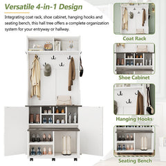 Bellemave® 76.9" Farmhouse 4 - in - 1 Hall Tree with Barn Doors and Shoe Storage Cabinet, 7 Hanging Hooks and 6 Brake Wheels - Bellemave
