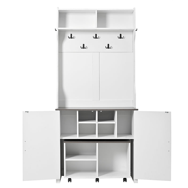 Bellemave® 76.9" Farmhouse 4 - in - 1 Hall Tree with Barn Doors and Shoe Storage Cabinet, 7 Hanging Hooks and 6 Brake Wheels - Bellemave