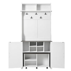 Bellemave® 76.9" Farmhouse 4 - in - 1 Hall Tree with Barn Doors and Shoe Storage Cabinet, 7 Hanging Hooks and 6 Brake Wheels - Bellemave