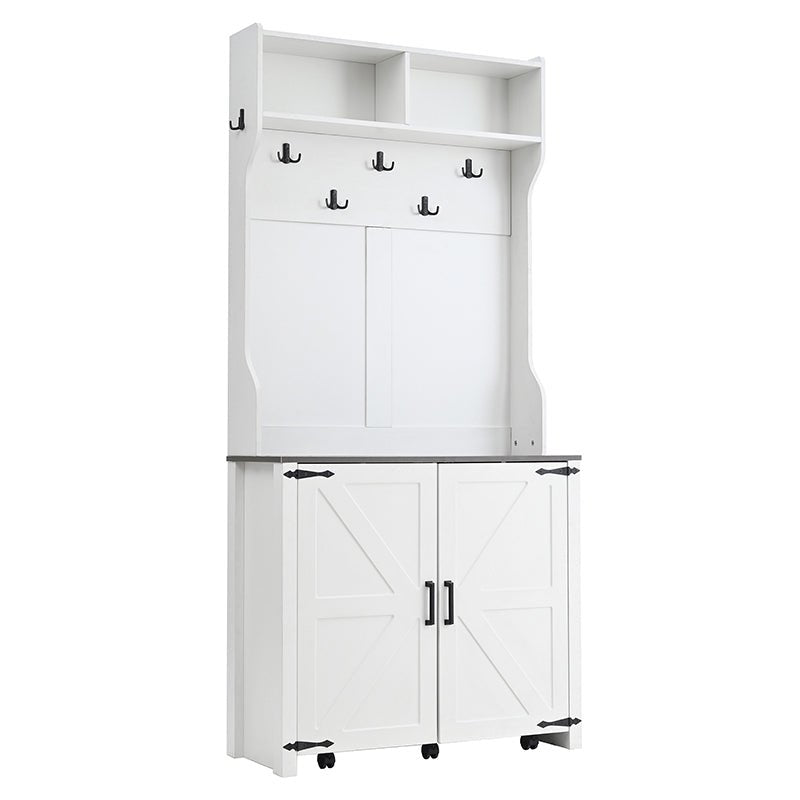 Bellemave® 76.9" Farmhouse 4 - in - 1 Hall Tree with Barn Doors and Shoe Storage Cabinet, 7 Hanging Hooks and 6 Brake Wheels - Bellemave