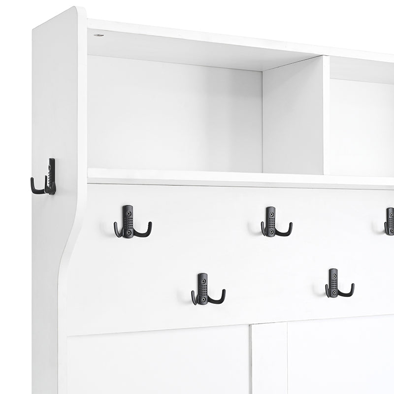 Bellemave® 76.9" Farmhouse 4 - in - 1 Hall Tree with Barn Doors and Shoe Storage Cabinet, 7 Hanging Hooks and 6 Brake Wheels - Bellemave