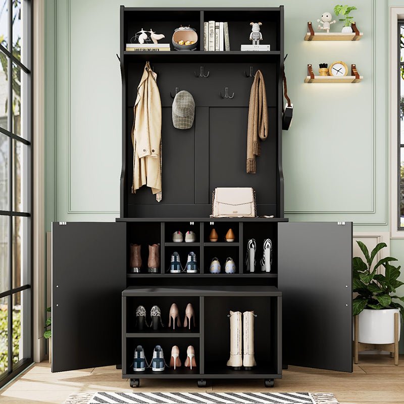 Bellemave® 76.9" Farmhouse 4 - in - 1 Hall Tree with Barn Doors and Shoe Storage Cabinet, 7 Hanging Hooks and 6 Brake Wheels - Bellemave