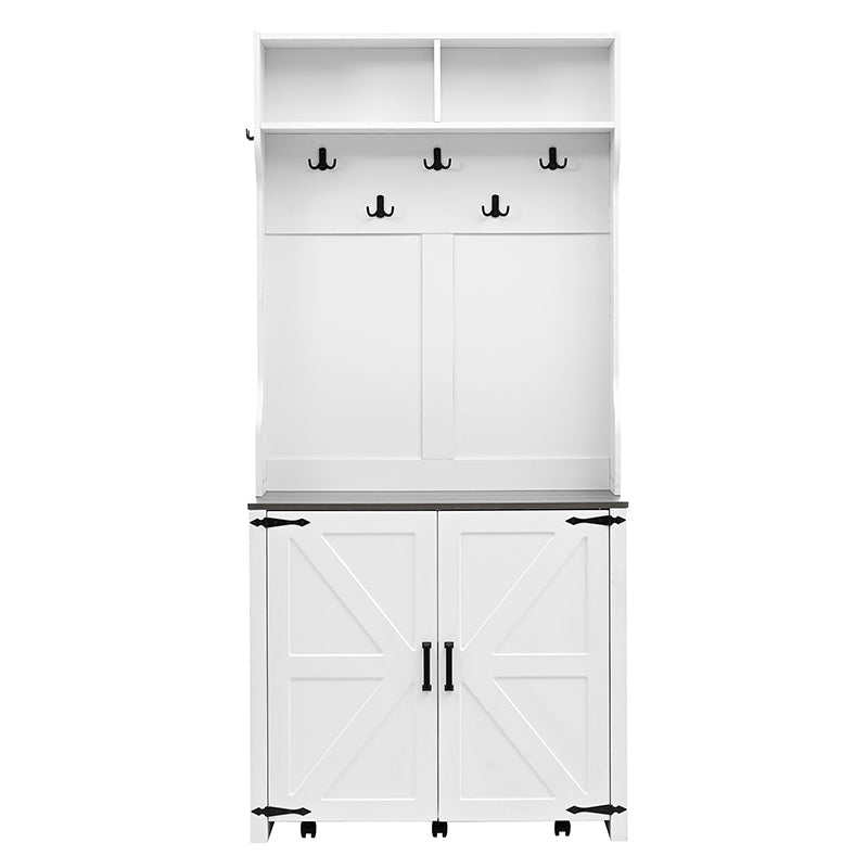 Bellemave® 76.9" Farmhouse 4 - in - 1 Hall Tree with Barn Doors and Shoe Storage Cabinet, 7 Hanging Hooks and 6 Brake Wheels - Bellemave