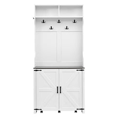Bellemave® 76.9" Farmhouse 4 - in - 1 Hall Tree with Barn Doors and Shoe Storage Cabinet, 7 Hanging Hooks and 6 Brake Wheels - Bellemave