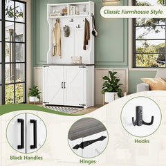 Bellemave® 76.9" Farmhouse 4 - in - 1 Hall Tree with Barn Doors and Shoe Storage Cabinet, 7 Hanging Hooks and 6 Brake Wheels - Bellemave