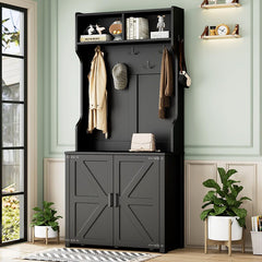 Bellemave® 76.9" Farmhouse 4 - in - 1 Hall Tree with Barn Doors and Shoe Storage Cabinet, 7 Hanging Hooks and 6 Brake Wheels - Bellemave