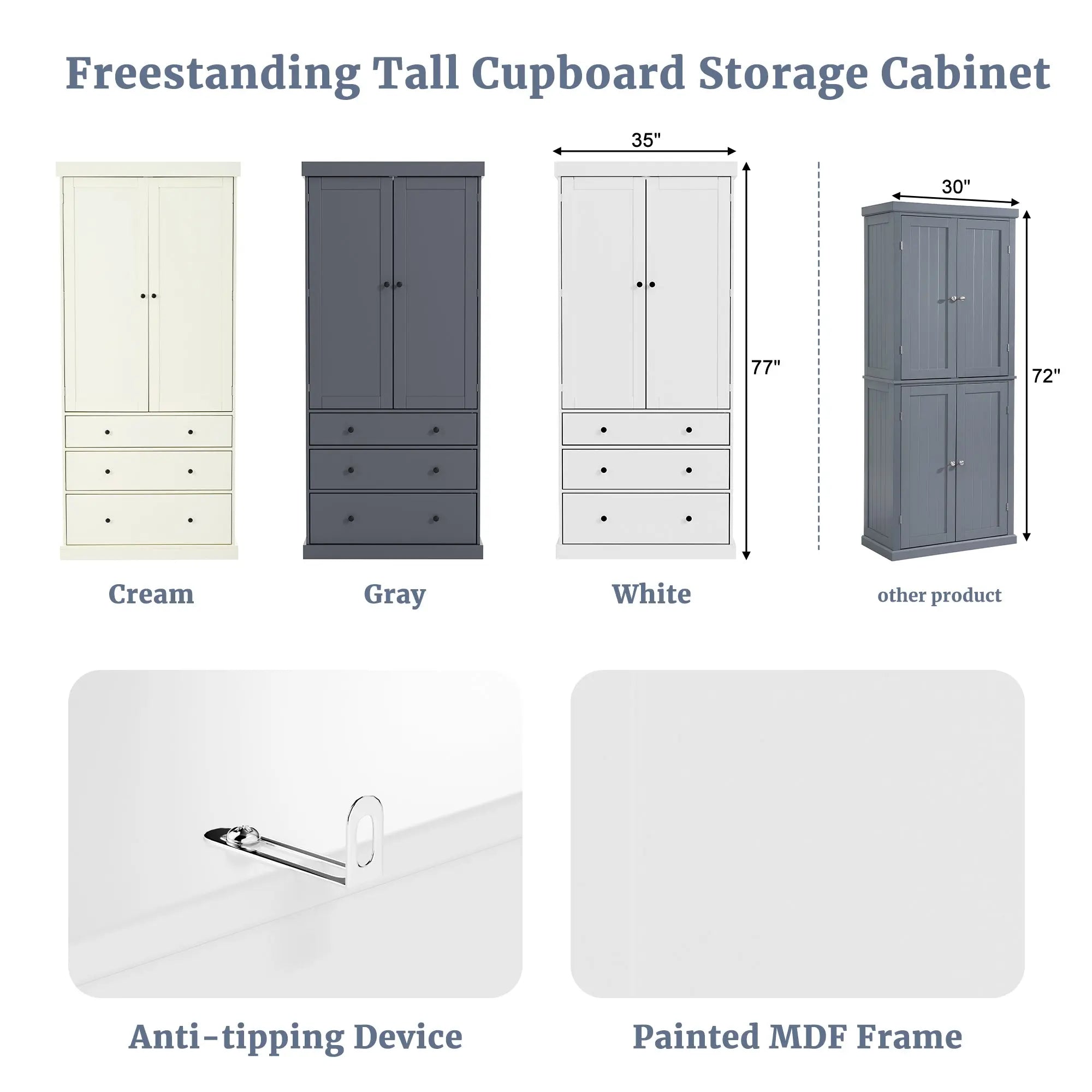 Bellemave® 77" Freestanding Tall Cupboard Storage Cabinet with 3 Adjustable Shelves, 8 Door Shelves, 3 Drawers - Bellemave