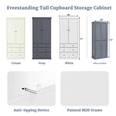Bellemave® 77" Freestanding Tall Cupboard Storage Cabinet with 3 Adjustable Shelves, 8 Door Shelves, 3 Drawers - Bellemave