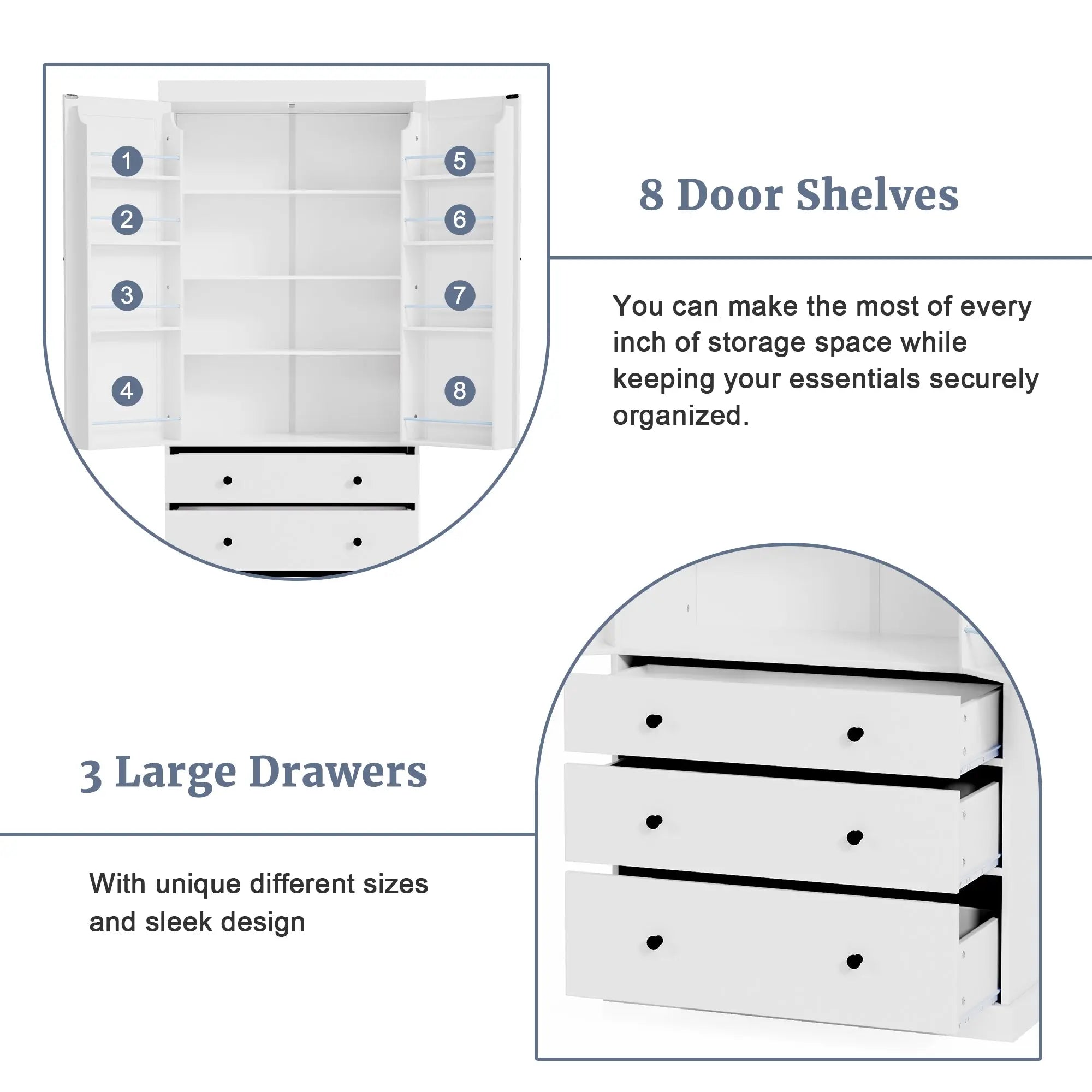 Bellemave® 77" Freestanding Tall Cupboard Storage Cabinet with 3 Adjustable Shelves, 8 Door Shelves, 3 Drawers - Bellemave