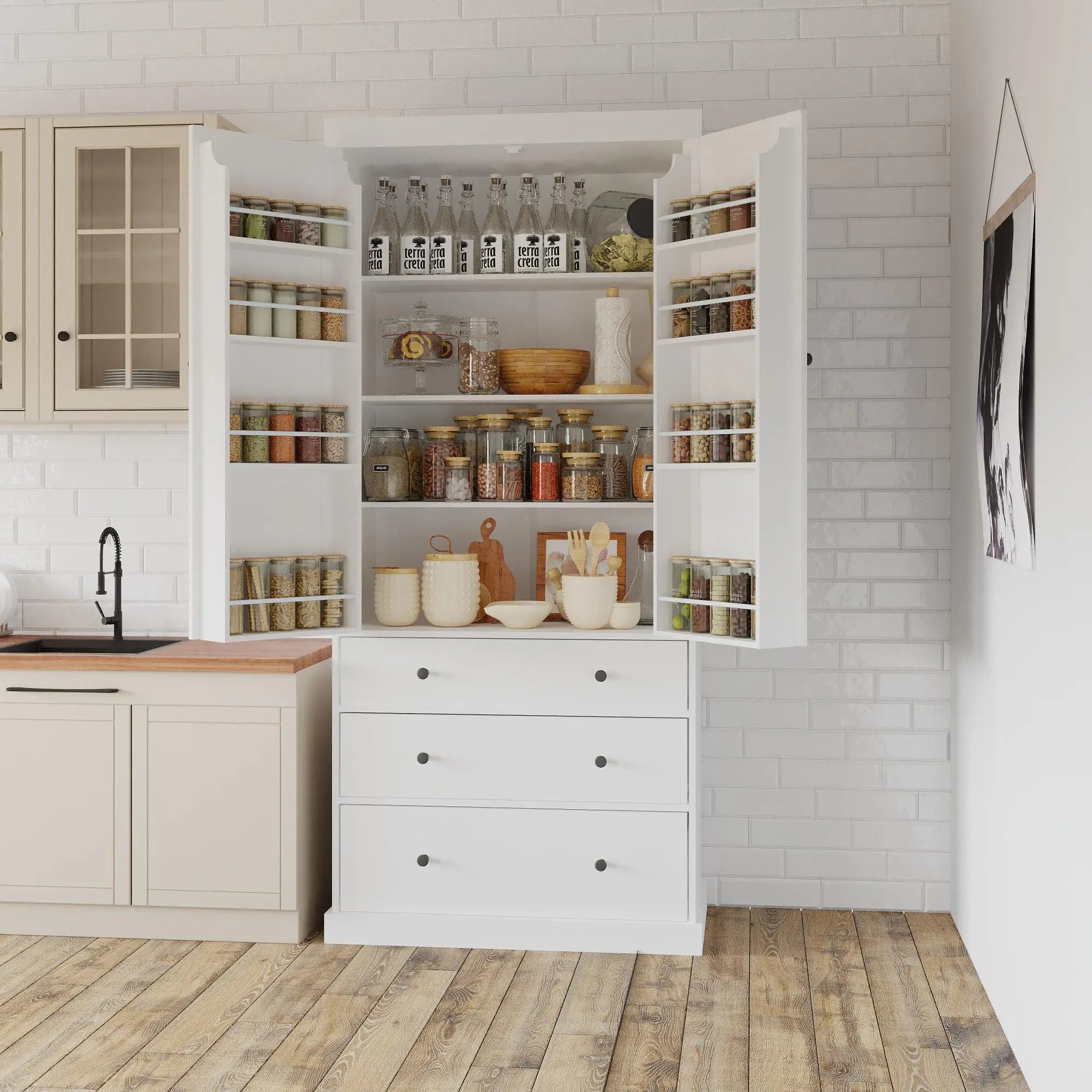 Bellemave® 77" Freestanding Tall Cupboard Storage Cabinet with 3 Adjustable Shelves, 8 Door Shelves, 3 Drawers - Bellemave