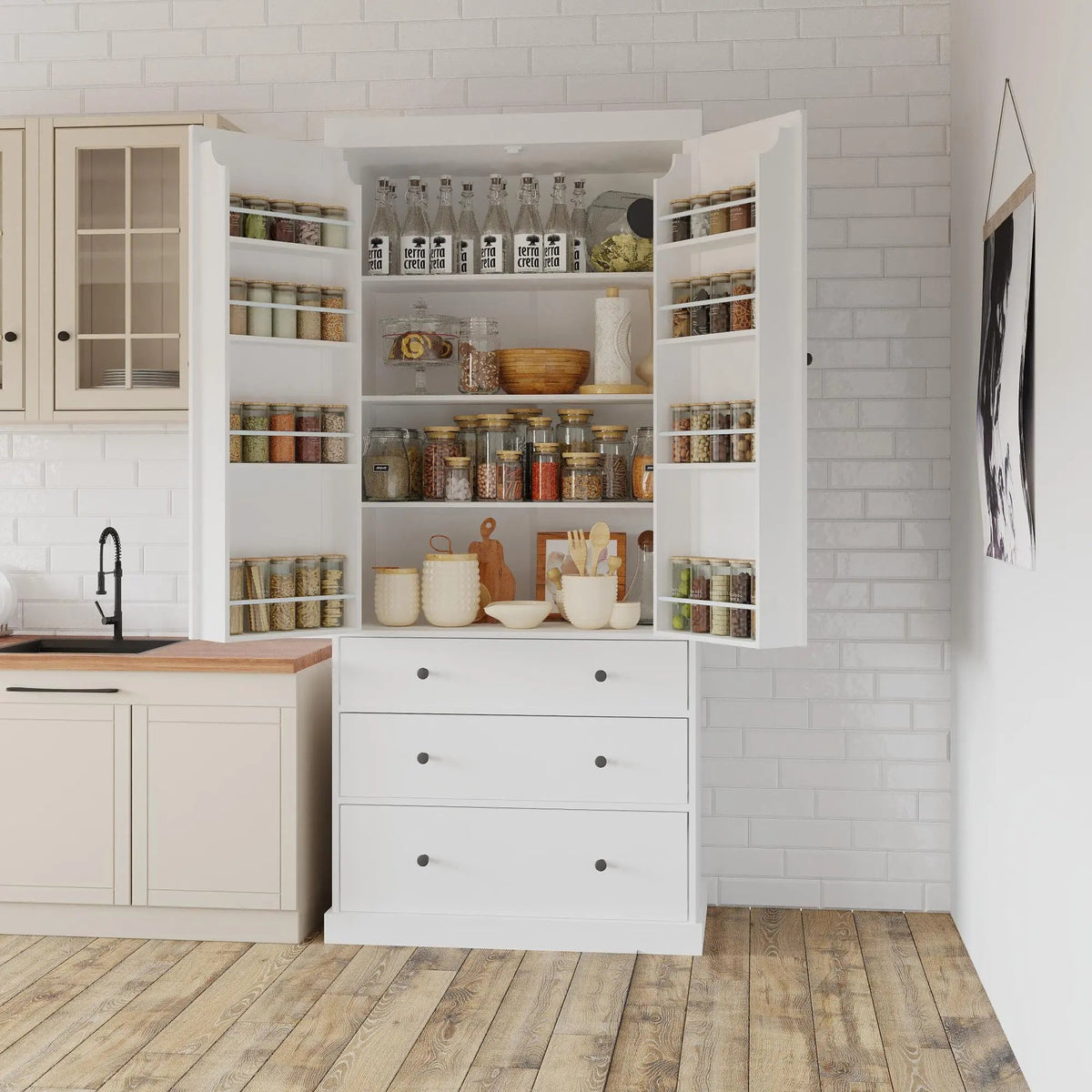 Bellemave® 77" Freestanding Tall Cupboard Storage Cabinet with 3 Adjustable Shelves, 8 Door Shelves, 3 Drawers - Bellemave