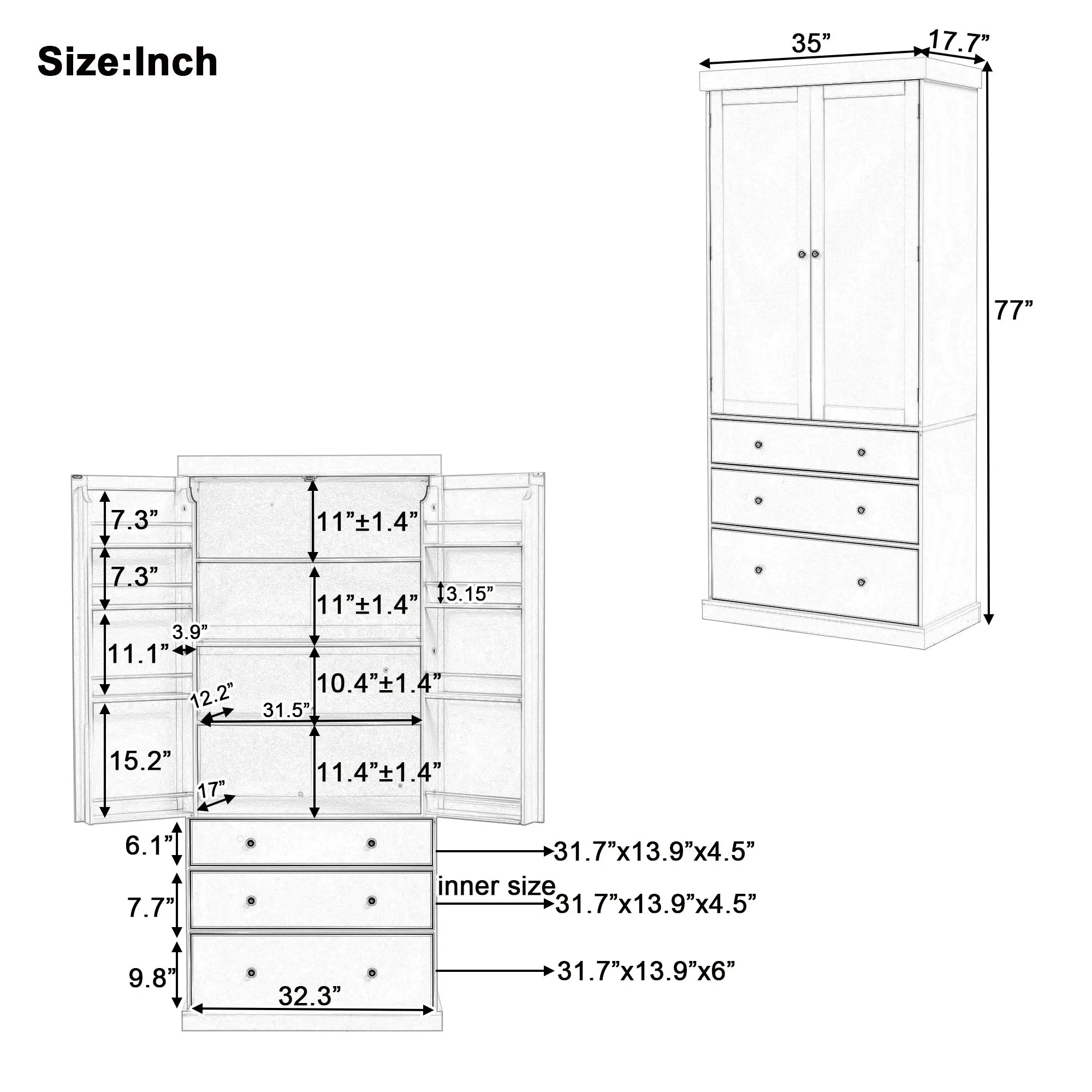 Bellemave® 77" Freestanding Tall Cupboard Storage Cabinet with 3 Adjustable Shelves, 8 Door Shelves, 3 Drawers - Bellemave