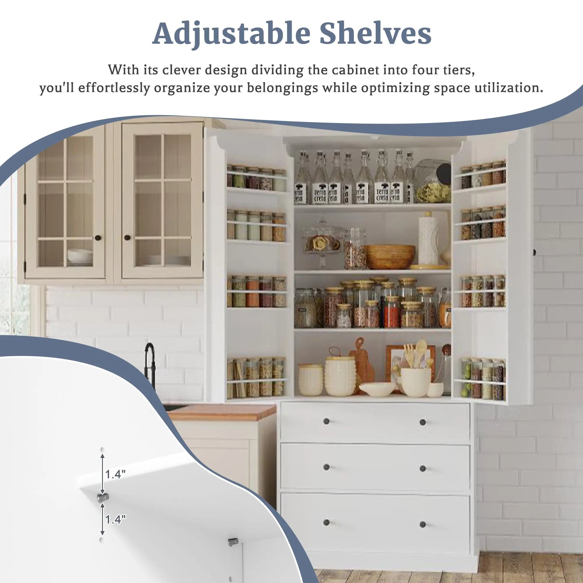 Bellemave® 77" Freestanding Tall Cupboard Storage Cabinet with 3 Adjustable Shelves, 8 Door Shelves, 3 Drawers - Bellemave