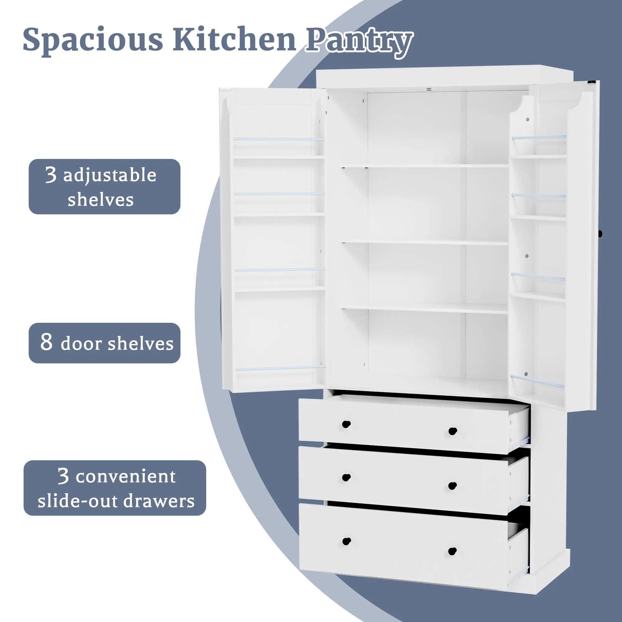 Bellemave® 77" Freestanding Tall Cupboard Storage Cabinet with 3 Adjustable Shelves, 8 Door Shelves, 3 Drawers - Bellemave
